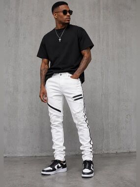 Glitz Men's White Skinny Jeans with Black Stripe Accents